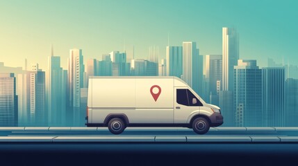 Urban delivery service illustration, transport van model, geometric package design, location pointer element, city buildings backdrop, smooth shading technique, minimalistic composition, digital