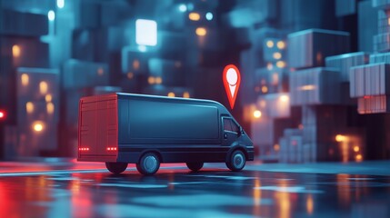 Contemporary shipping visualization, cargo van design, parcel delivery scene, destination pin marker, architectural background elements, soft ambient lighting, clean geometric shapes, professional 3D