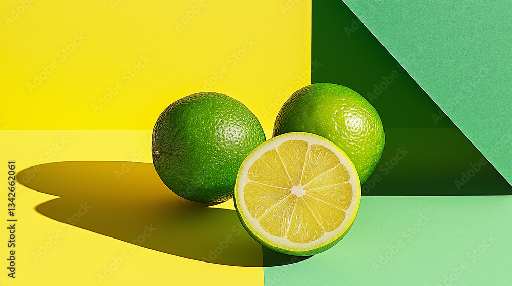 Poster two whole limes and a lime half resting on a vibrant green and yellow background