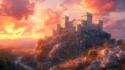 Fototapeta premium Majestic Castle at Sunset: A Fairytale Landscape