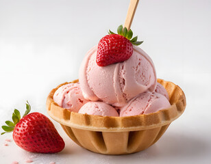 Delicious strawberry ice cream with wafer stick in a waffle bowl isolated on a light gray background, tasty strawberry ice cream.