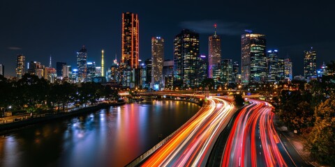 Obraz premium Illuminated City Skyline Reflects In Calm Waters During Nighttime