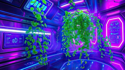 A bright indoor space is filled with hanging greenery and illuminated by neon lights in purple and blue hues creating a lively and modern atmosphere