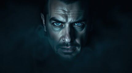 A striking figure with a piercing gaze stands out against a dark smoky background creating an aura of intrigue and intensity at nighttime