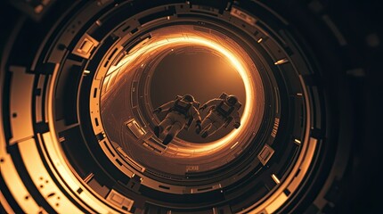 Two astronauts navigate a glowing tunnel surrounded by metallic walls exploring an advanced structure in a science fiction universe during a cosmic journey