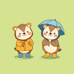 Minimalist Cartoon Animals in Rainy Weather Outfits