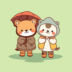 Minimalist Cartoon Animals in Rainy Weather Outfits
