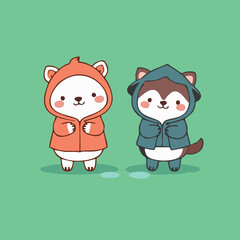 Fototapeta premium Minimalist Cartoon Animals in Rainy Weather Outfits