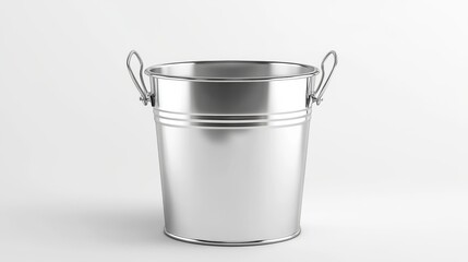 premium metal pail illustration, chrome material finish, industrial grade handle joint, precise rivet details, graduated volume markings, professional visualization style, clean white backdrop