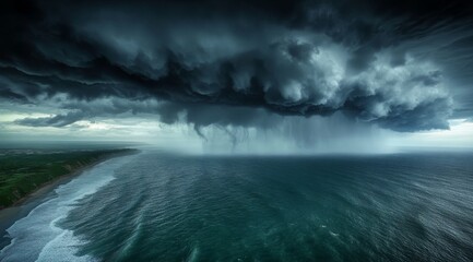 Fototapeta premium Dramatic Storm Clouds Over An Ocean Shoreline With Heavy Rainfall And Turbulent Waves Captured In A Moody Atmosphere
