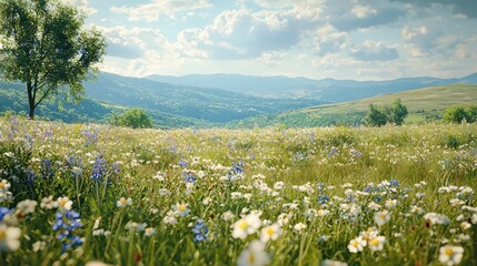 Obraz premium Lush Meadow with Blooming Wildflowers and Distant Mountains View