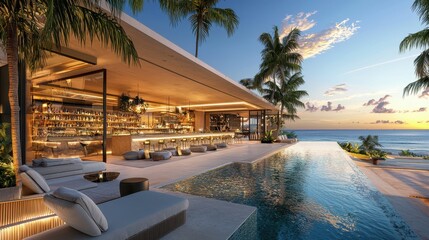 Fototapeta premium Luxurious Beachfront Bar with Infinity Pool at Sunset