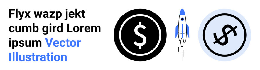 Black dollar icon, blue rocket launching upward, and stylized dollar representation. Ideal for fintech, startup, growth, innovation, digital economy, branding and simple landing page