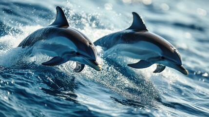 Fototapeta premium In the azure expanse of the ocean, sleek dolphins, graceful and playful, effortlessly glide through the crystalline water, their sleek bodies cutting through the waves with effortless ease.