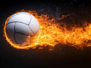 Fototapeta premium white volleyball engulfed in flames, creating dynamic and energetic scene against dark background. fiery effect adds excitement and intensity to image