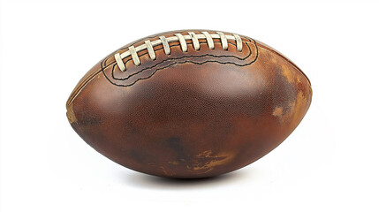 Worn leather football showing signs of wear and tear on white background