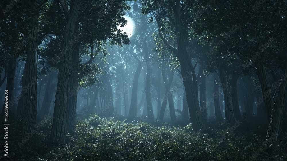 Poster moonlight filtering through dense trees in a mystical forest scene