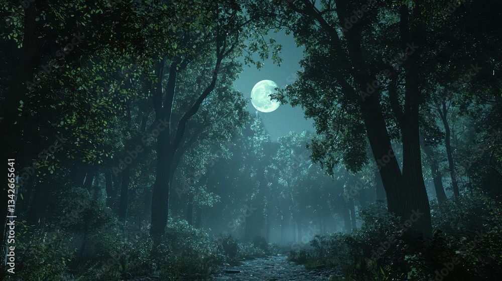 Poster moonlight filtering through dense trees in a mystical forest scene