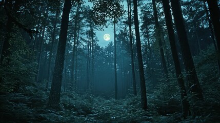 Fototapeta premium Moonlight Filtering Through Trees in Dense Forest at Night