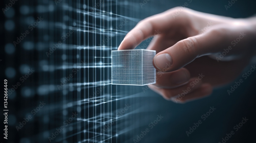 Poster hand placing 3d wireframe block in abstract digital environment