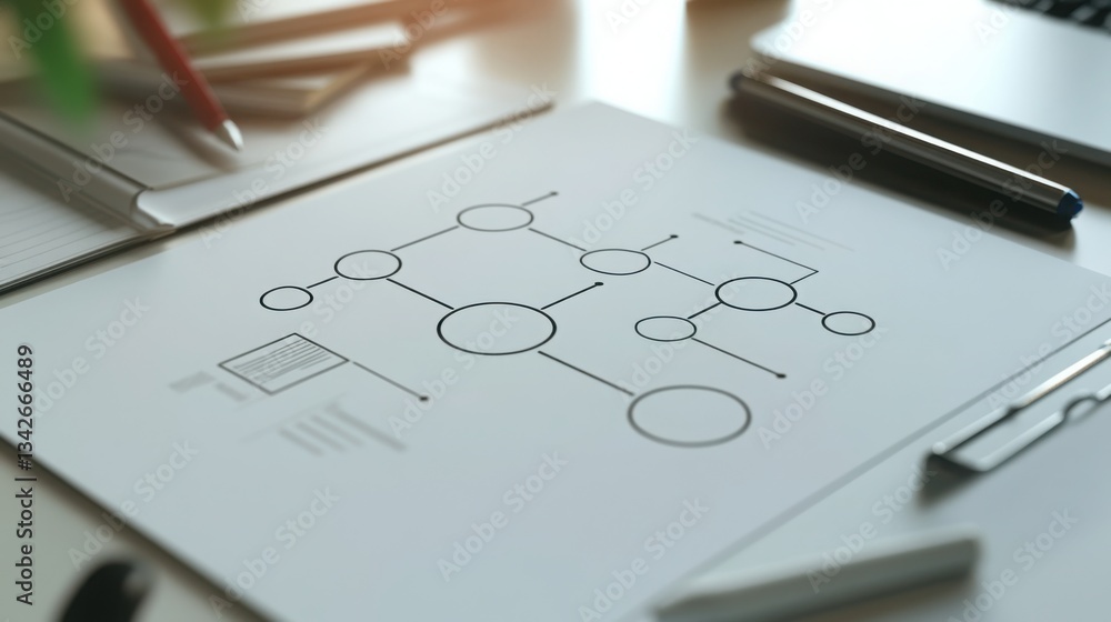 Aufkleber business flowchart on white desk symbolizing structure and planning