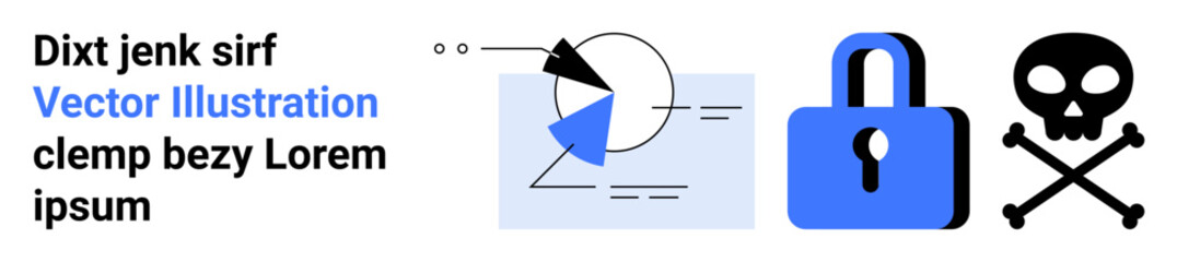 Abstract geometric chart, lock, and skull symbol emphasize data safety, security risks, digital protection, analysis, education, research and technology. Ideal for a simple landing page