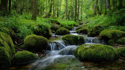 Obraz premium Serene Woodland Stream Flowing Gently Through Lush Greenery