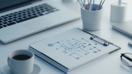 Organized Desk with Structured Workflow Plan and Office Supplies