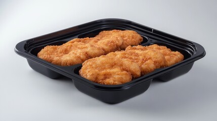 Contemporary food industry photography showcasing black plastic schnitzel container, methodically arranged raw meat portions in sealed compartments, precise top-view angle demonstrating package