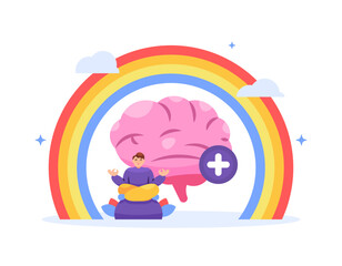 mental health and mind concept. relaxation, calming, and meditation. meditating for mental and managing emotions. illustration of a man meditating with a brain and a rainbow. flat style design