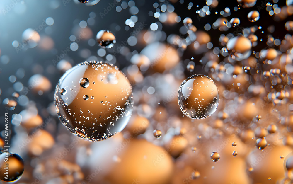 Poster an abstract representation of bubbles suspended in liquid, capturing light reflections and orange to