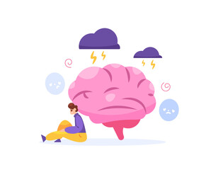mental health and mind problem concept. bad feeling, stress, complicated, sad, anxious, troubled emotion. illustration of a depressed man with a brain and thundercloud. flat style design. elements