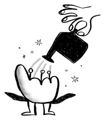 Hand watering flower png sticker, plant doodle, transparent background