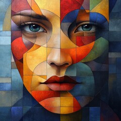 Intricate Abstract Portrait of a Woman with Colorful Geometric Patterns and Expressive Eyes Captivating the Viewer in a Vibrant Art Style