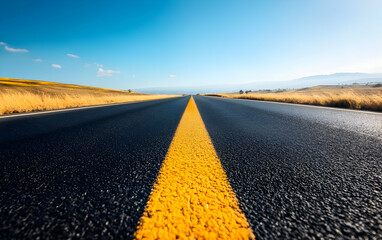 Naklejka premium A captivating perspective of an empty highway, highlighting the smooth asphalt and vibrant yellow lines under a clear blue sky.