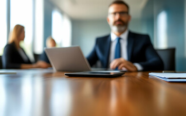 A business meeting in a modern office with professionals discussing strategies around a conference table.
