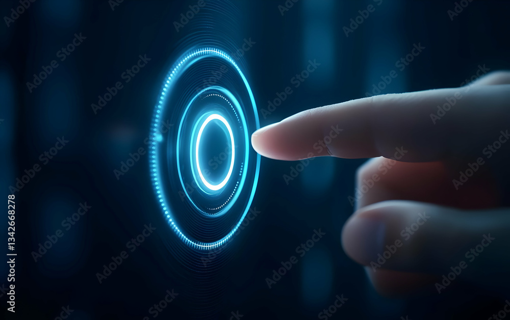 Poster a close-up of a hand interacting with a glowing digital control interface, showcasing the fusion of 