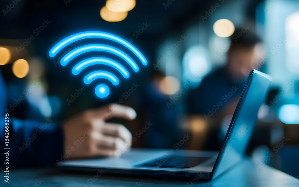 Poster a close-up of a hand using a laptop, with a glowing wifi symbol indicating internet connectivity in 