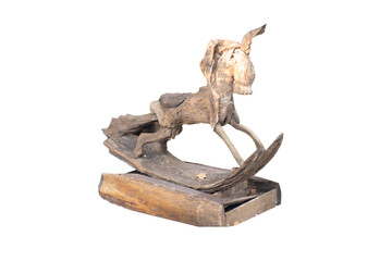 A rustic rocking horse sculpture crafted from driftwood, isolated against a transparent background. Represents natural art, handcrafted decor, and the charm of found objects.