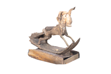 A rustic rocking horse sculpture crafted from driftwood, isolated against a transparent background. Represents natural art, handcrafted decor, and the charm of found objects.