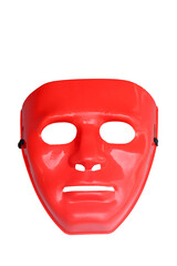 red plastic mask with cut-out eyes and mouth, isolated against a transparent background. Represents costume accessories, anonymity, and theatrical props.
