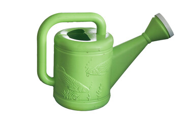 A light green plastic watering can with embossed fish designs, isolated against a transparent background. Represents gardening tools, plant care, and outdoor activities.