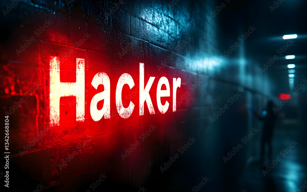 Poster a dimly lit corridor with the word 'hacker' illuminated in red, symbolizing cybersecurity and digita