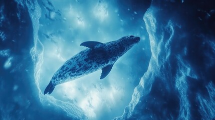 Naklejka premium Antarctic Seal Swims Ice Cave.