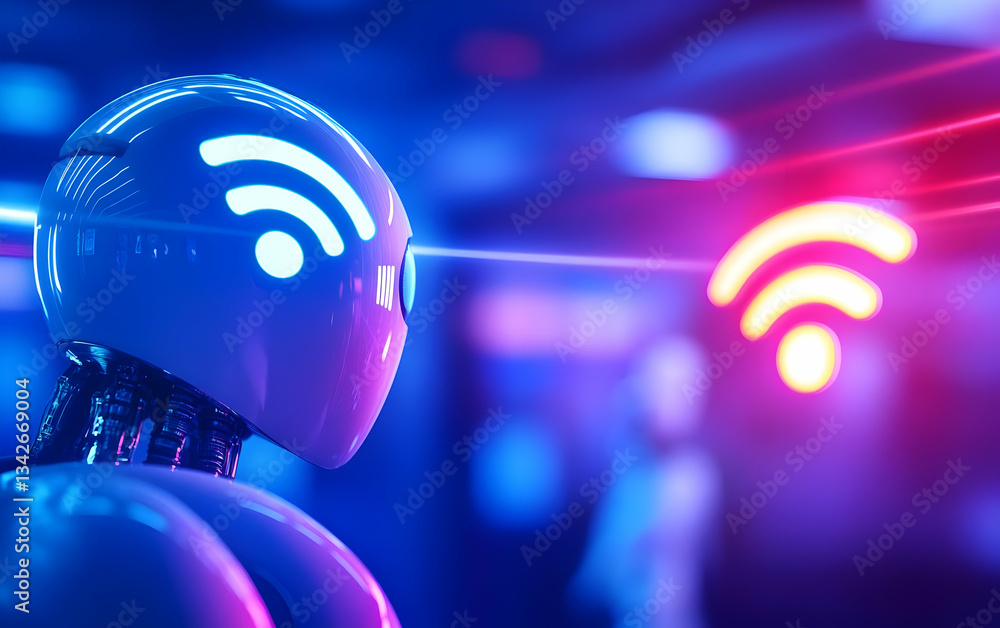 Poster a futuristic robot with glowing lights, symbolizing the integration of artificial intelligence and c