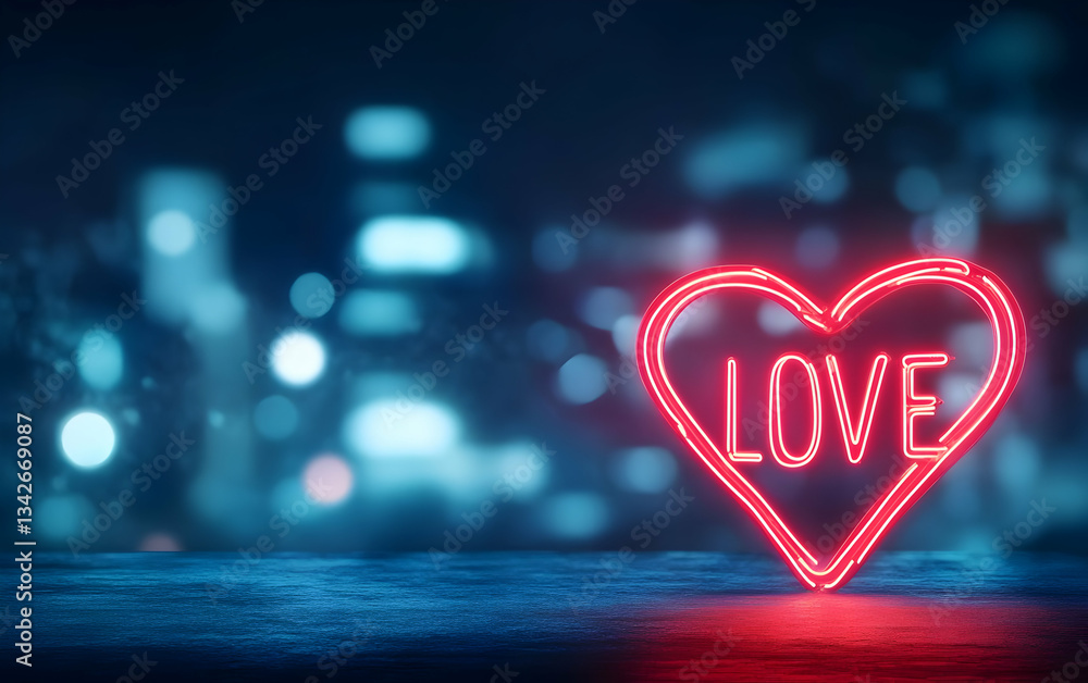 Wall mural a glowing neon heart sign with the word 'love' illuminated in vibrant colors against a blurred city 