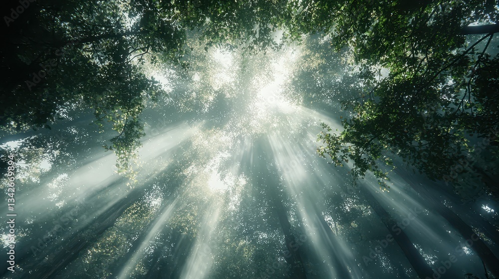 Poster soft diffused light pouring through canopy in serene forest scene