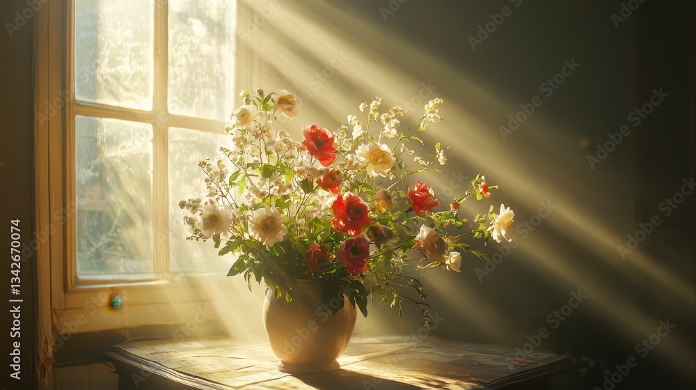 Poster soft glowing light streaming through open window with flowers