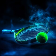 Vibrant Tennis Racket with Neon Effects and Green Tennis Ball on a Dark Background with Smoke Aesthetics for Sports Enthusiasts and Graphic Designs