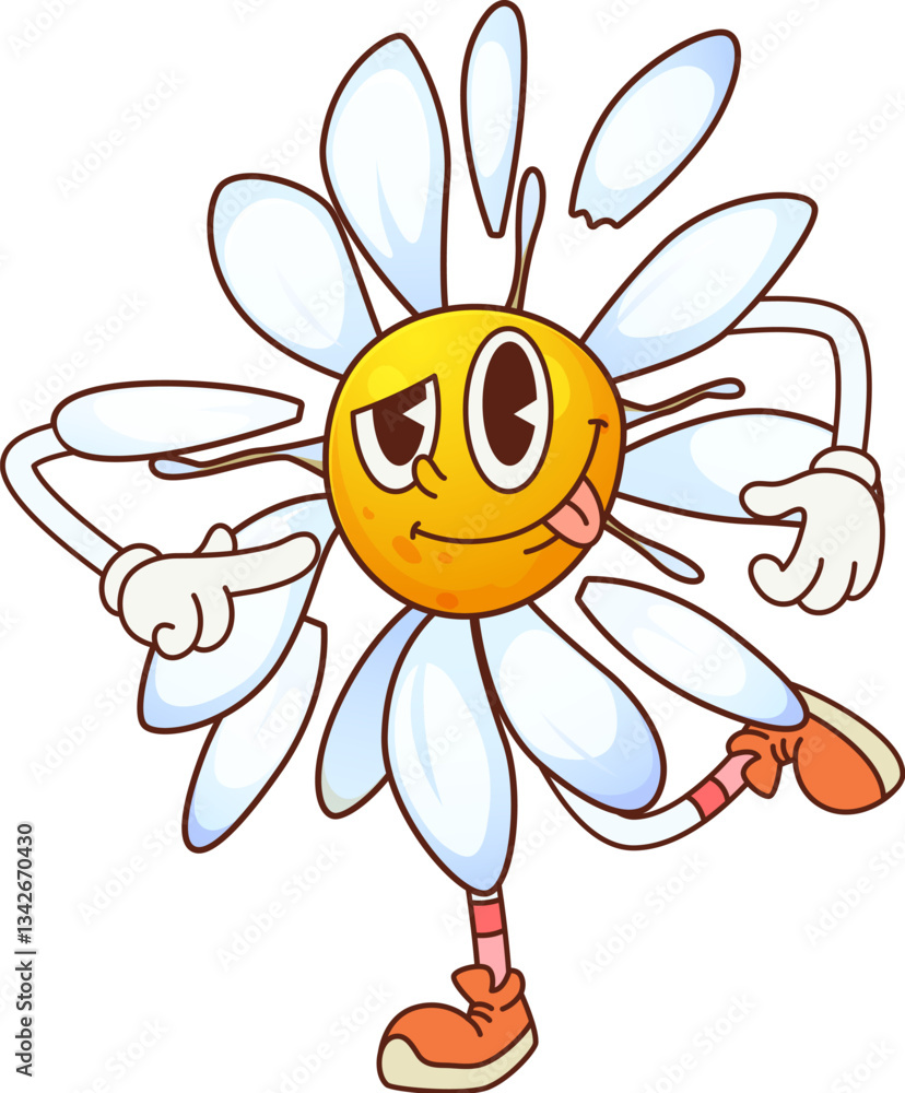 Poster funny groovy daisy chamomile flower with quirky expression and sticking tongue. isolated cartoon vec